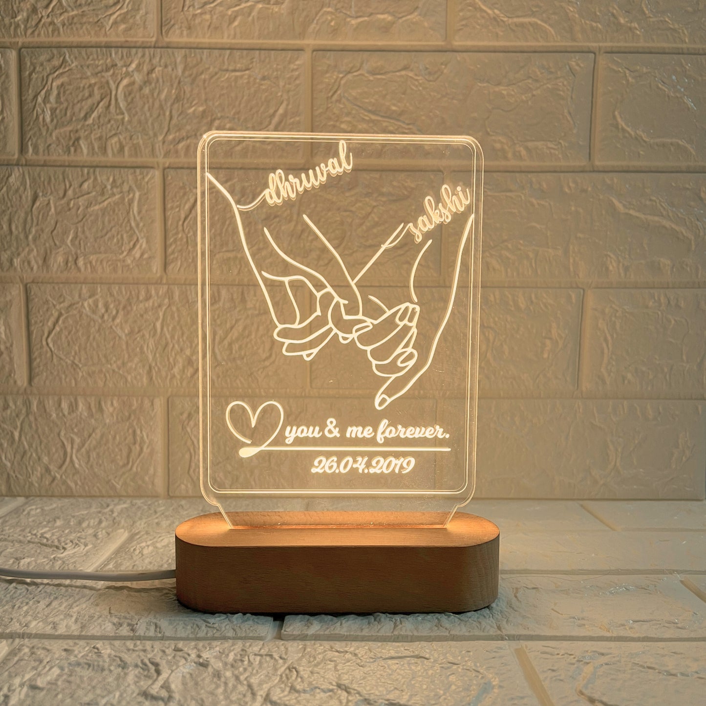Personalised 3D Illusion Couple Hand LED Acrylic Lamp with Names & Date | Customised “You & Me Forever” Night Light with Wooden Base | Romantic Gift for Couples (DNFIHA7)