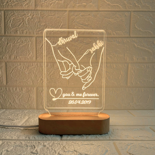Personalised 3D Illusion Couple Hand LED Acrylic Lamp with Names & Date | Customised “You & Me Forever” Night Light with Wooden Base | Romantic Gift for Couples (DNFIHA7)