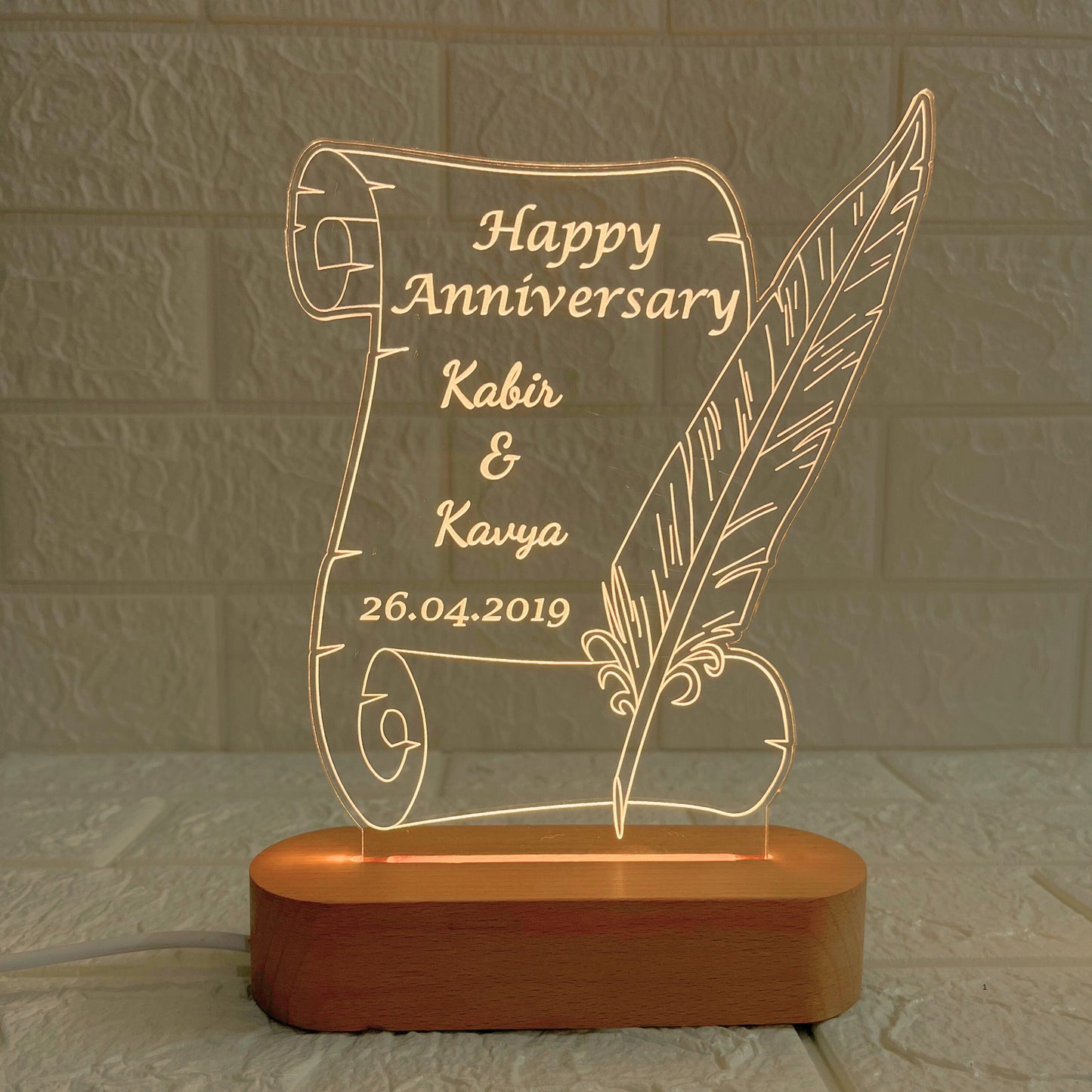 Nexify Fusion Personalised Anniversary Acrylic Lamp with Wooden Base | Custom Couple Names Night Light |Custom Engraved Scroll & Quill Design | Anniversary Gift for Couples (DNFSQ12)