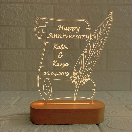 Nexify Fusion Personalised Anniversary Acrylic Lamp with Wooden Base | Custom Couple Names Night Light |Custom Engraved Scroll & Quill Design | Anniversary Gift for Couples (DNFSQ12)