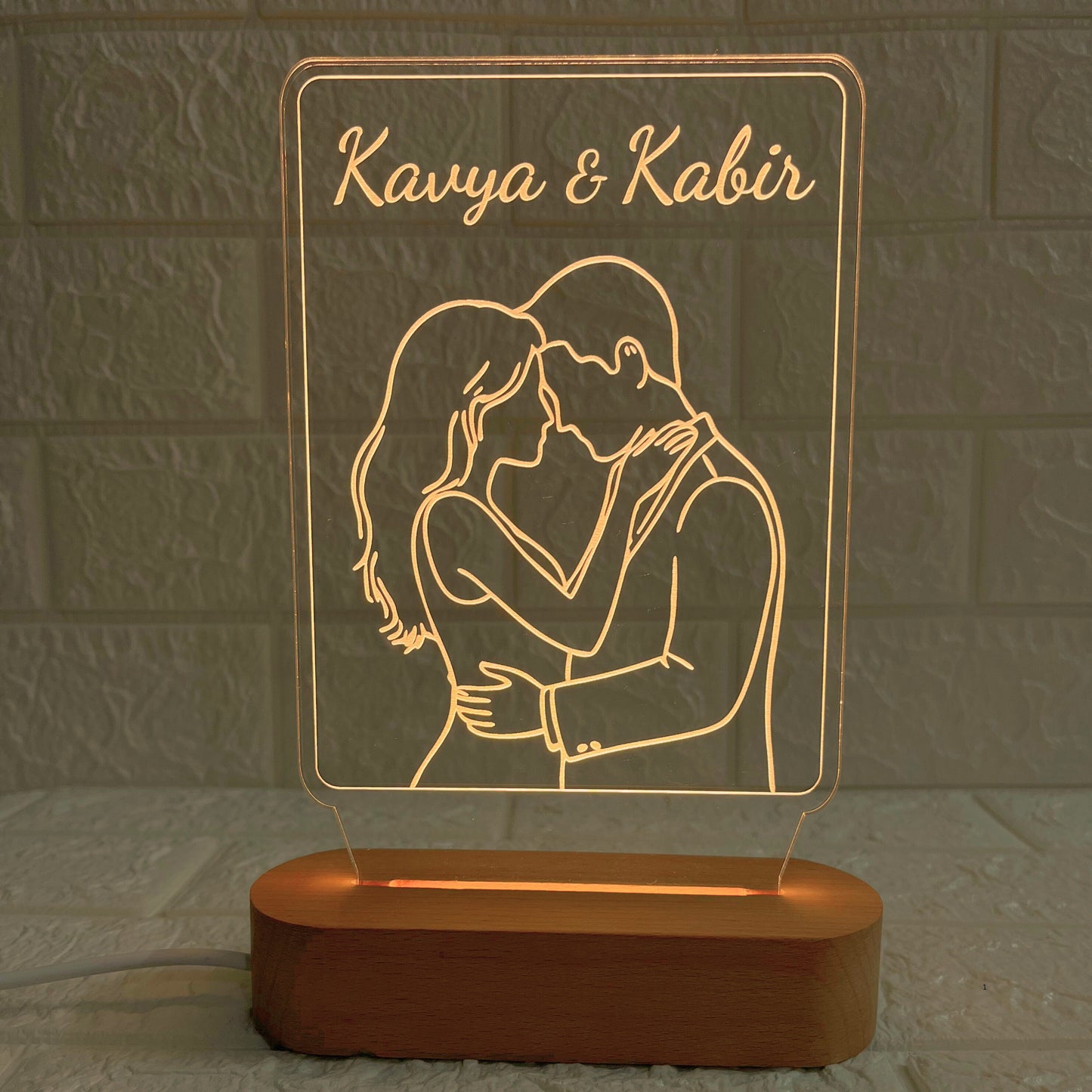 Personalised 3D Illusion Couple Name LED Acrylic Lamp with Wooden Base | Romantic Decorative Night Light for Anniversary, Valentine’s Day, or Wedding Gift (DNFICO9)
