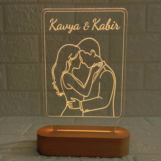 Personalised 3D Illusion Couple Name LED Acrylic Lamp with Wooden Base | Romantic Decorative Night Light for Anniversary, Valentine’s Day, or Wedding Gift (DNFICO9)