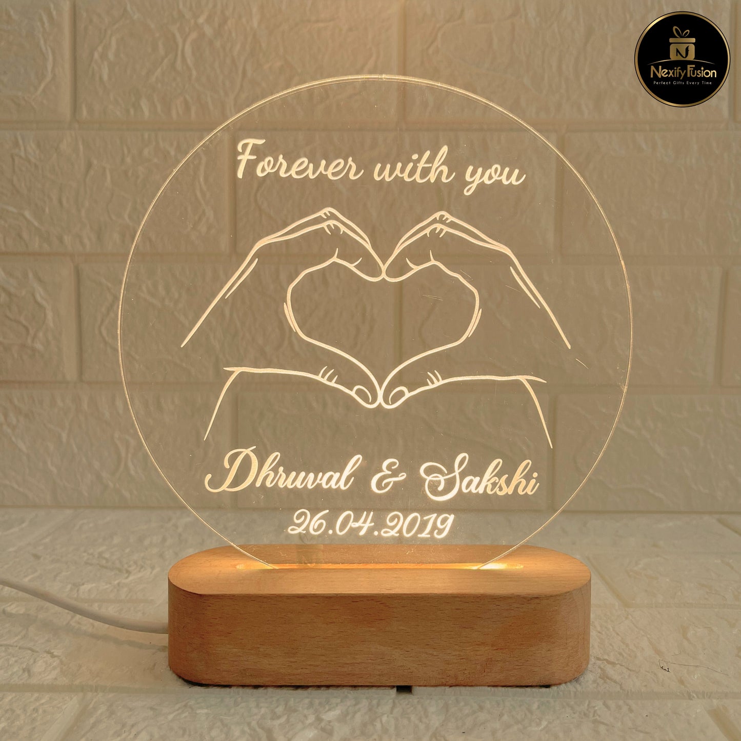 Personalised 3d illusion Round Forever Hand Design Night Lamp with Couple Names & Date/Text | Unique Gift for Couples, Wedding, Anniversary, Birthday, Valentine’s Day & Home Decor (DNFRHA4)