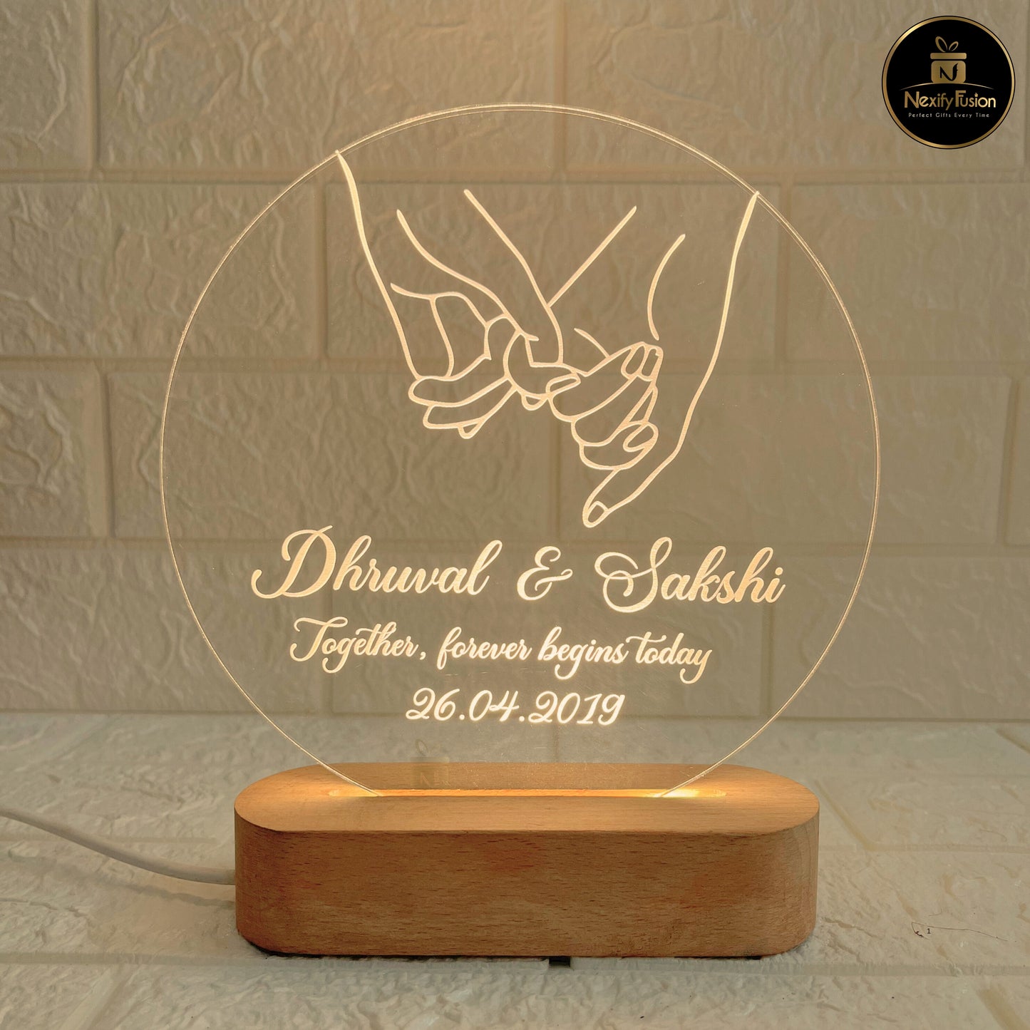 Personalised 3D Illusion Round Hand Design Night Lamp with Couple Names & Date/Text | Best Gift for Couples, Wedding, Anniversary, Birthday, Valentine’s Day & Home Decor (DNFRHA5)