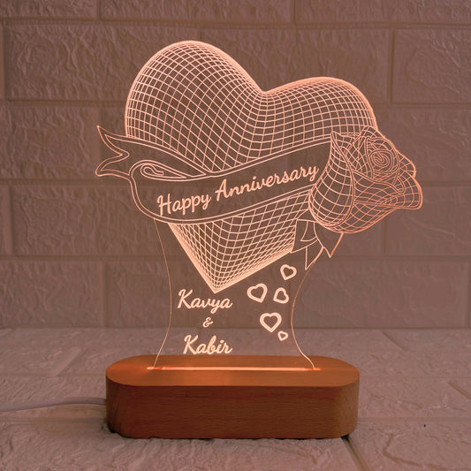 Nexify Fusion Personalised Heart LED Acrylic Lamp with Wooden Base | Custom Couple Names Night Light | Rose Design | Unique Anniversary Gift for Couples | Multicolor (DNFRO10M)