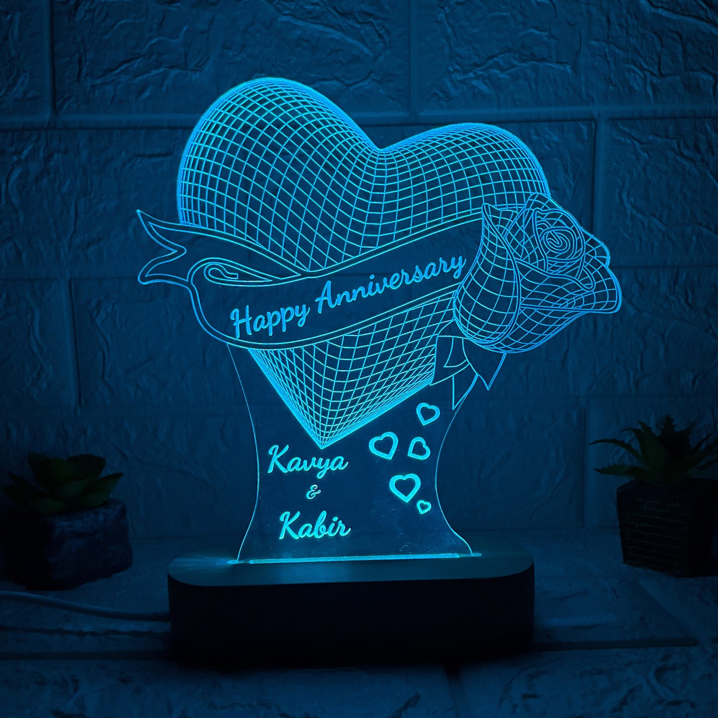 Nexify Fusion Personalised Heart LED Acrylic Lamp with Wooden Base | Custom Couple Names Night Light | Rose Design | Unique Anniversary Gift for Couples | Multicolor (DNFRO10M)
