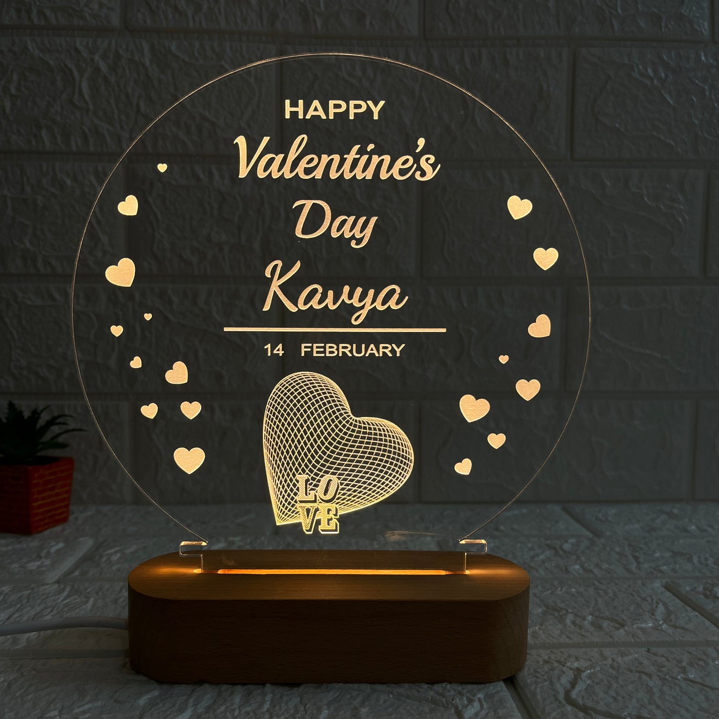 Nexify Fusion Personalised Valentine’s Day LED Acrylic Lamp with Wooden Base | Romantic Round Night Light with Name Engraving | Special Love Gift for Couples (DNFVA11)