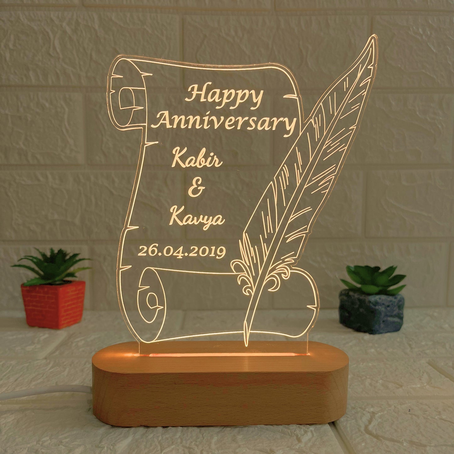 Nexify Fusion Personalised Anniversary Acrylic Lamp with Wooden Base | Custom Couple Names Night Light |Custom Engraved Scroll & Quill Design | Anniversary Gift for Couples (DNFSQ12)