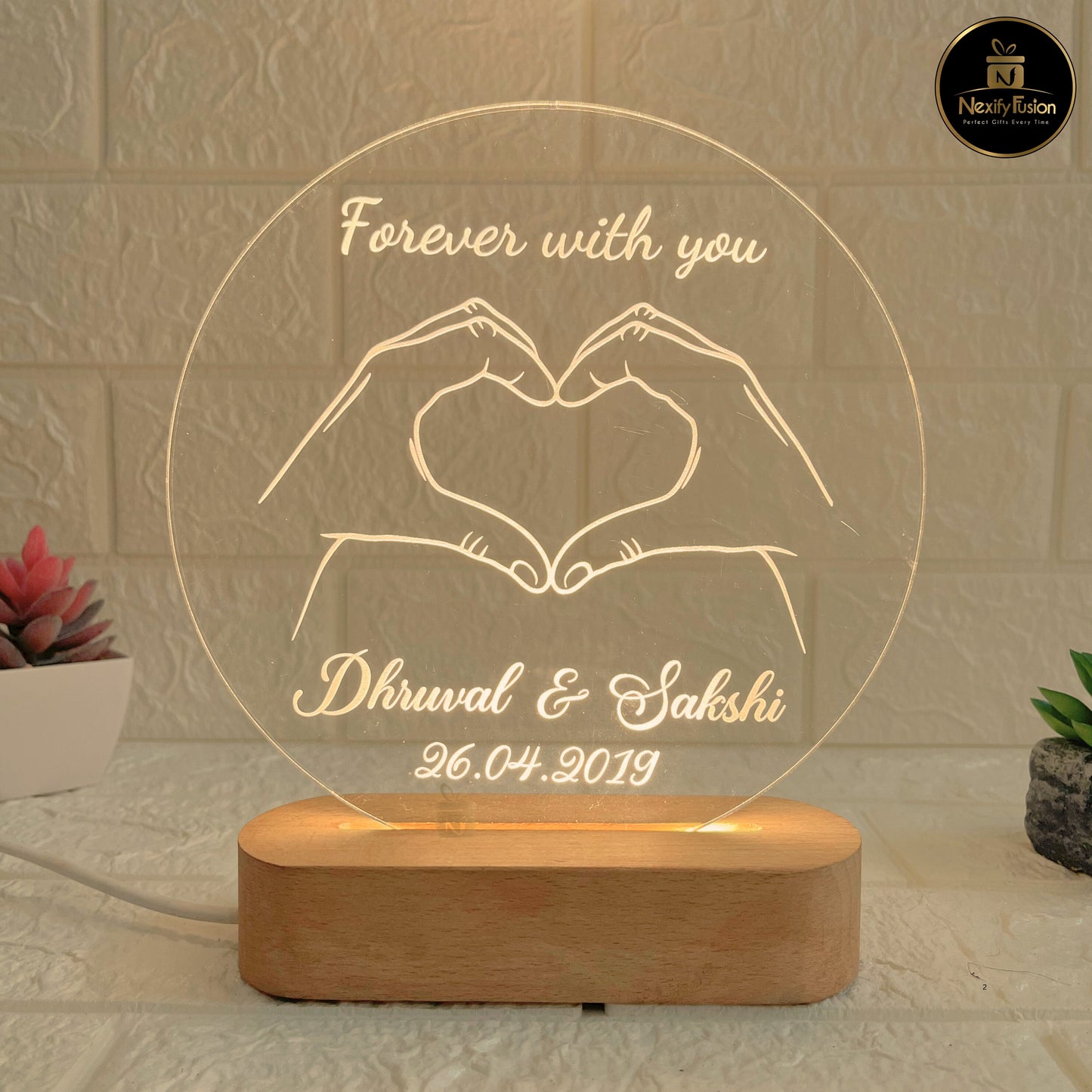 Personalised 3d illusion Round Forever Hand Design Night Lamp with Couple Names & Date/Text | Unique Gift for Couples, Wedding, Anniversary, Birthday, Valentine’s Day & Home Decor (DNFRHA4)