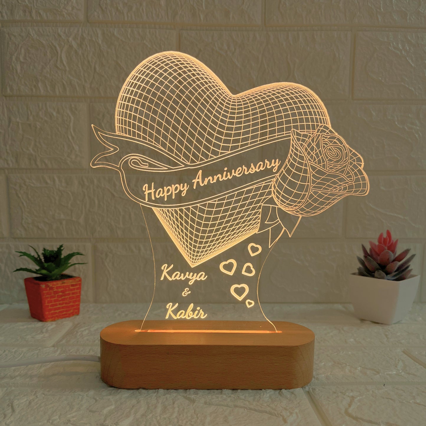 Personalised Heart LED Acrylic Lamp with Wooden Base | Custom Couple Names Night Light | Rose Design | Romantic Anniversary Gift for Couples (DNFRO10)