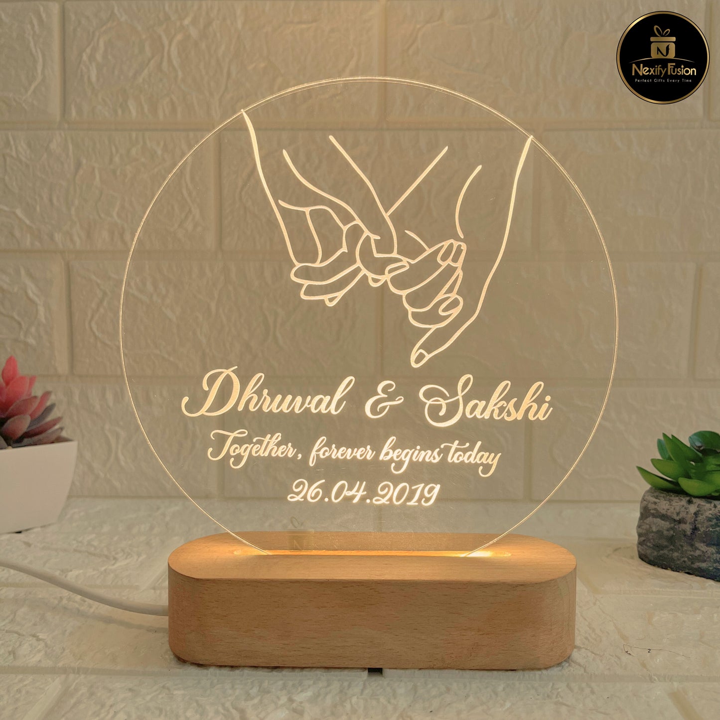 Personalised 3D Illusion Round Hand Design Night Lamp with Couple Names & Date/Text | Best Gift for Couples, Wedding, Anniversary, Birthday, Valentine’s Day & Home Decor (DNFRHA5)