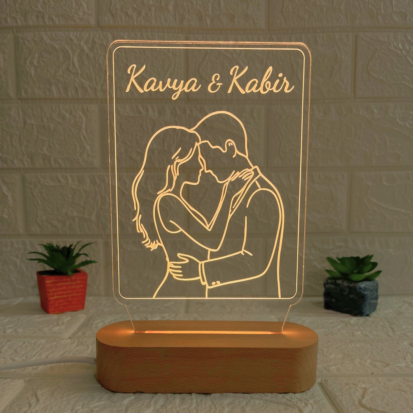 Personalised 3D Illusion Couple Name LED Acrylic Lamp with Wooden Base | Romantic Decorative Night Light for Anniversary, Valentine’s Day, or Wedding Gift (DNFICO9)
