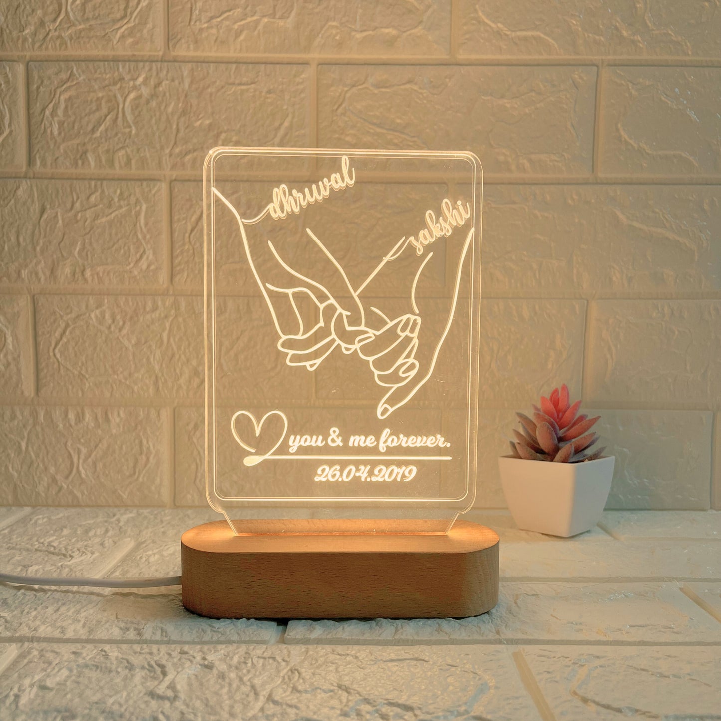 Personalised 3D Illusion Couple Hand LED Acrylic Lamp with Names & Date | Customised “You & Me Forever” Night Light with Wooden Base | Romantic Gift for Couples (DNFIHA7)