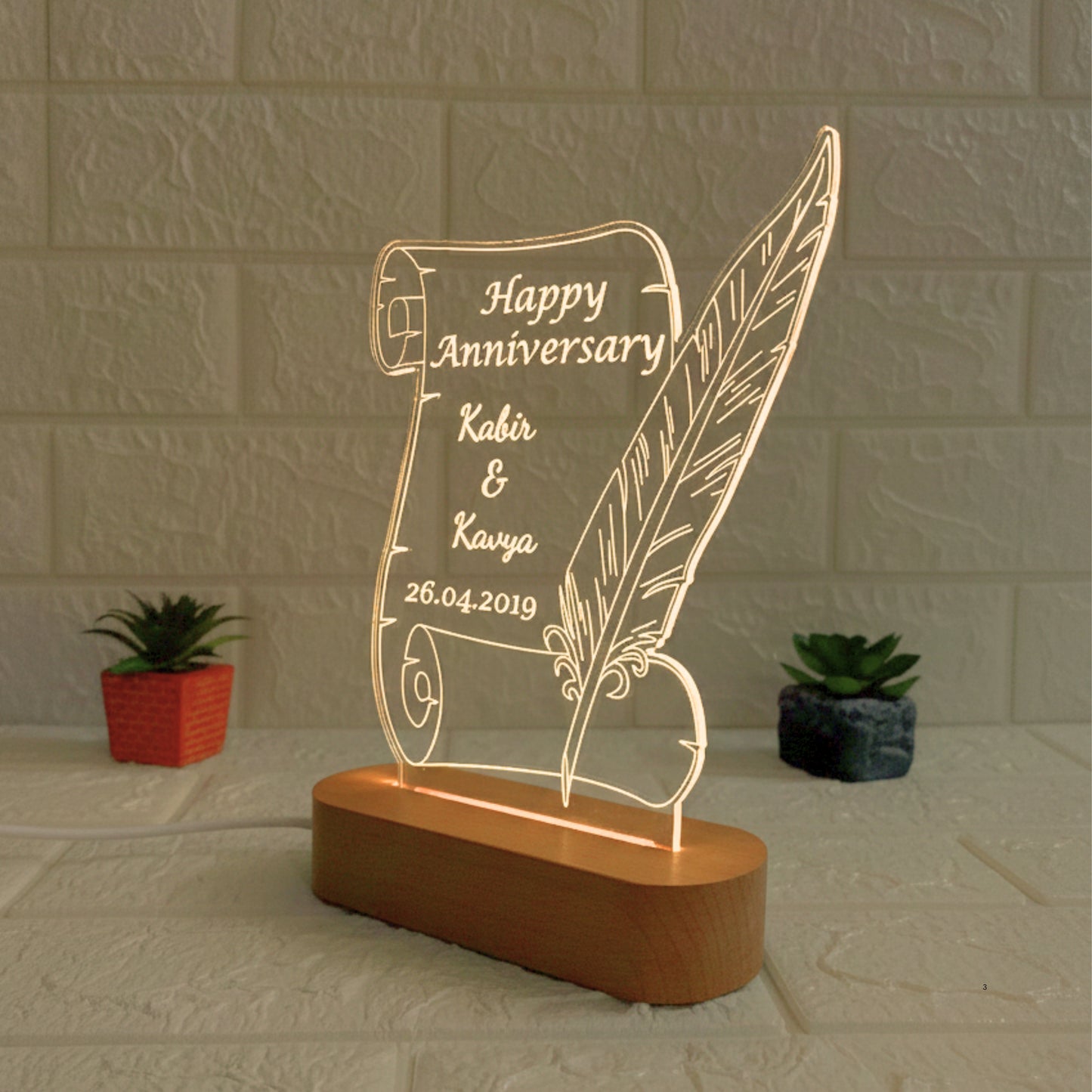 Nexify Fusion Personalised Anniversary Acrylic Lamp with Wooden Base | Custom Couple Names Night Light |Custom Engraved Scroll & Quill Design | Anniversary Gift for Couples (DNFSQ12)