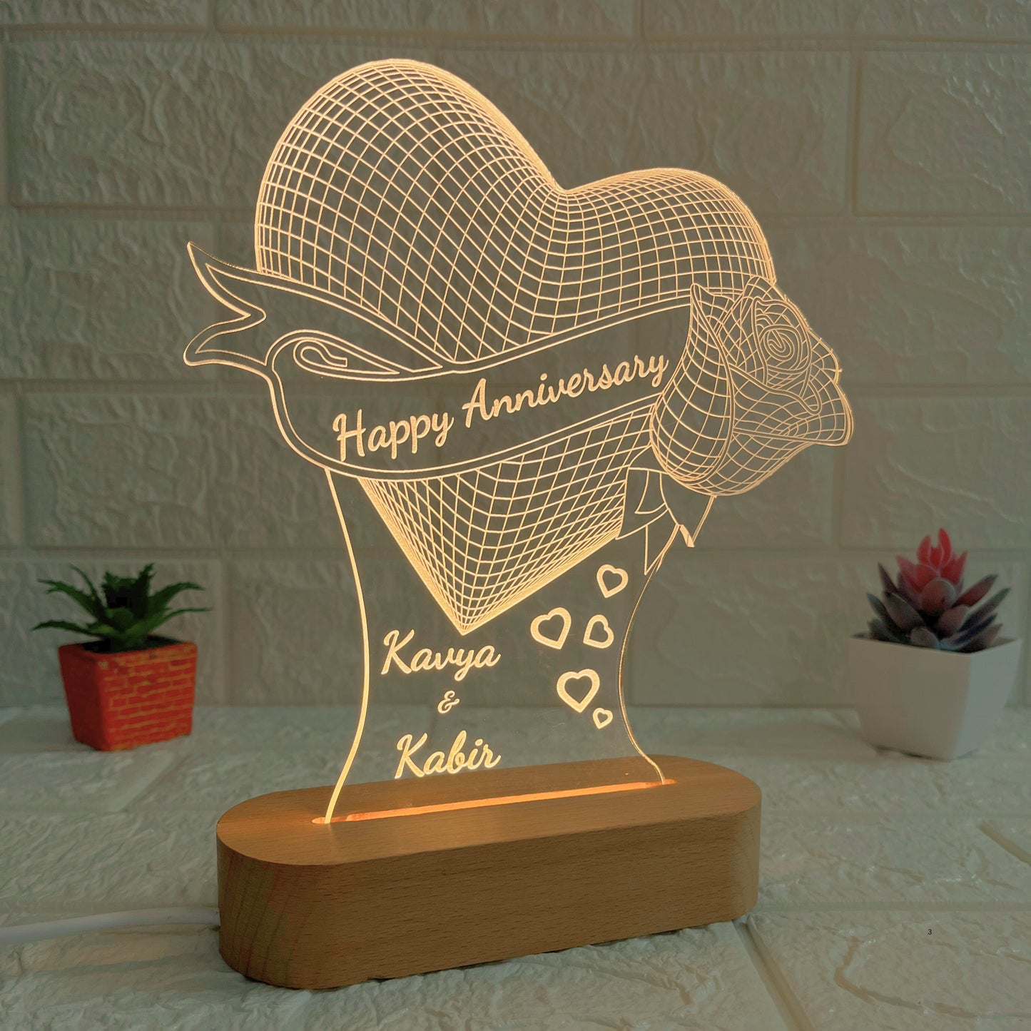 Personalised Heart LED Acrylic Lamp with Wooden Base | Custom Couple Names Night Light | Rose Design | Romantic Anniversary Gift for Couples (DNFRO10)