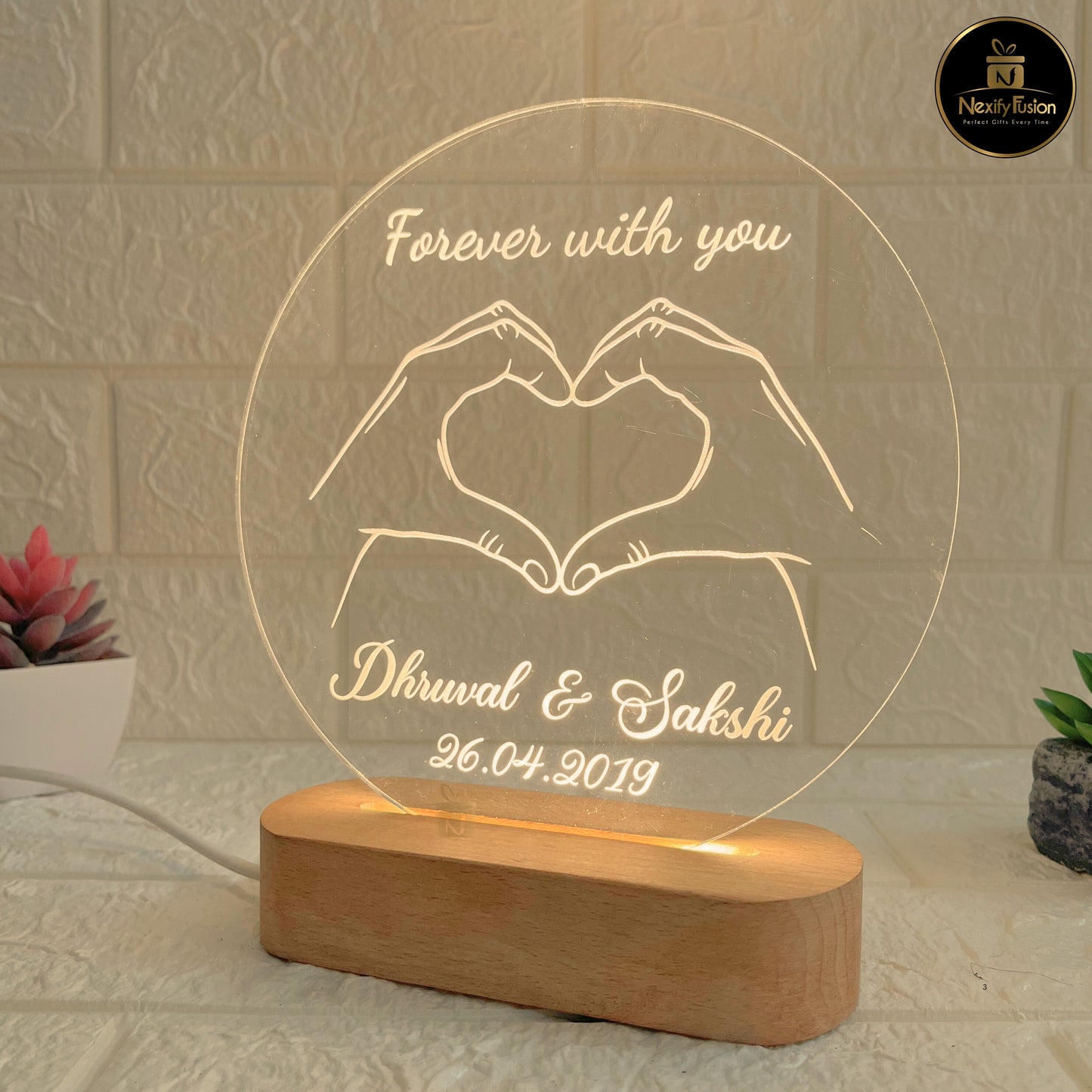 Personalised 3d illusion Round Forever Hand Design Night Lamp with Couple Names & Date/Text | Unique Gift for Couples, Wedding, Anniversary, Birthday, Valentine’s Day & Home Decor (DNFRHA4)