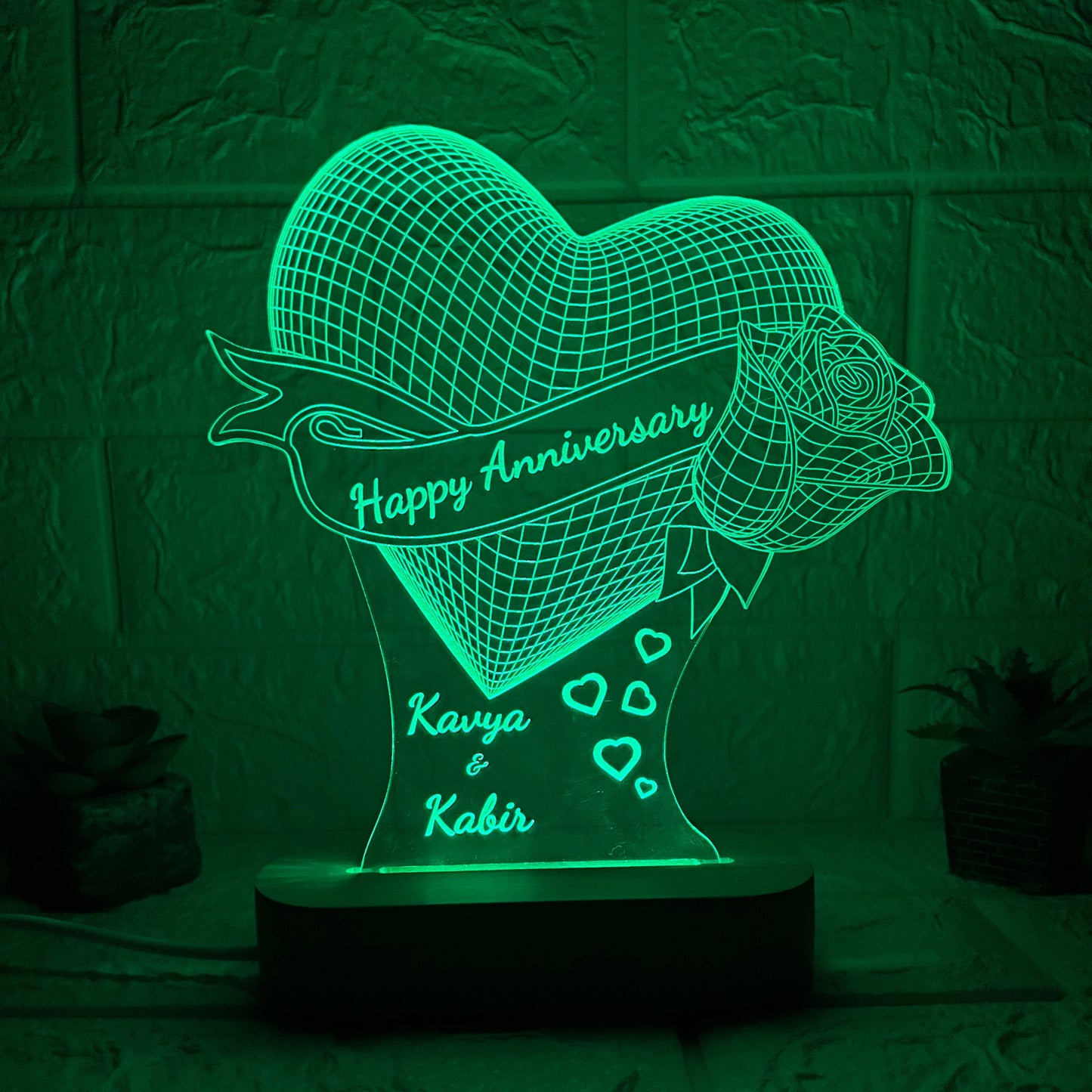 Nexify Fusion Personalised Heart LED Acrylic Lamp with Wooden Base | Custom Couple Names Night Light | Rose Design | Unique Anniversary Gift for Couples | Multicolor (DNFRO10M)
