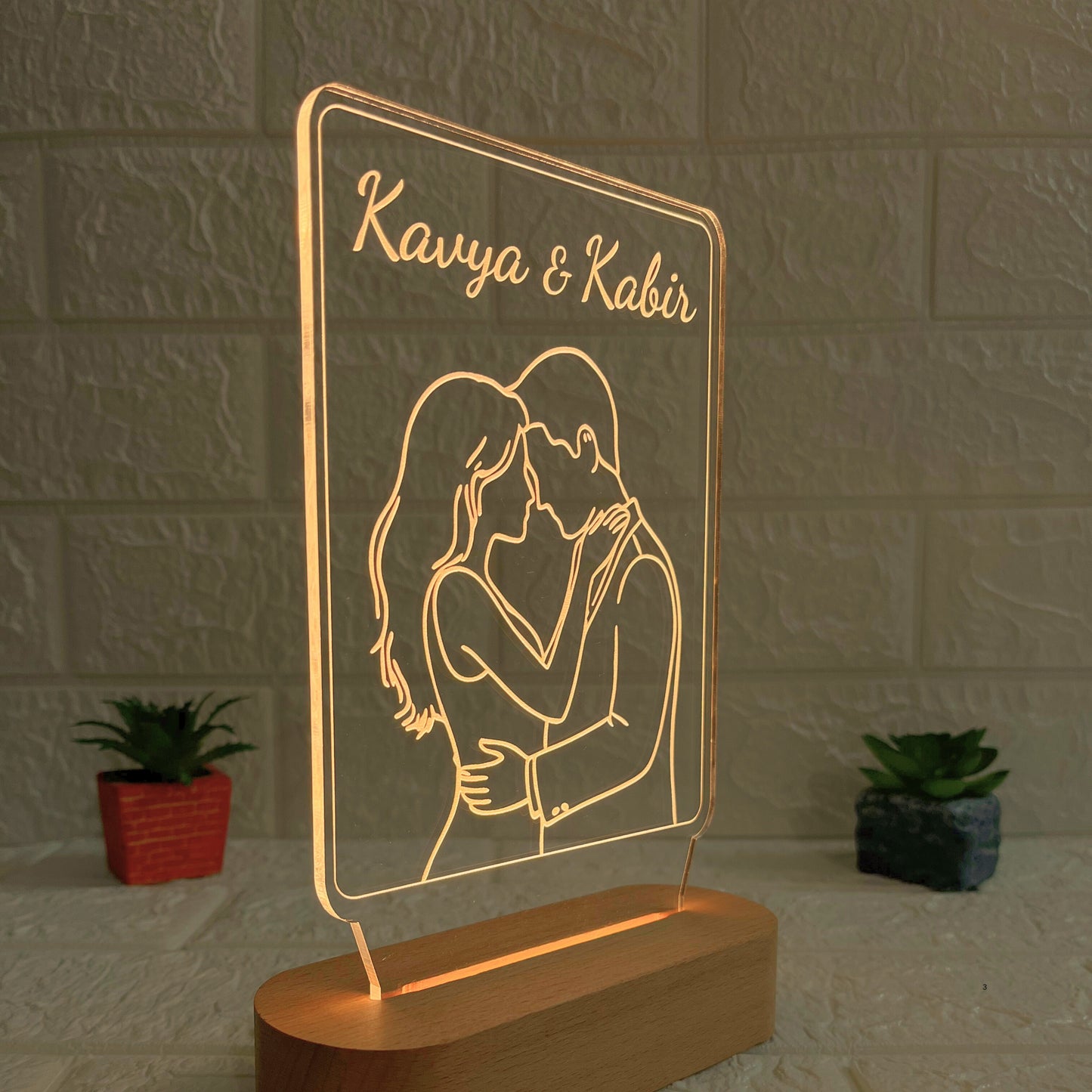 Personalised 3D Illusion Couple Name LED Acrylic Lamp with Wooden Base | Romantic Decorative Night Light for Anniversary, Valentine’s Day, or Wedding Gift (DNFICO9)