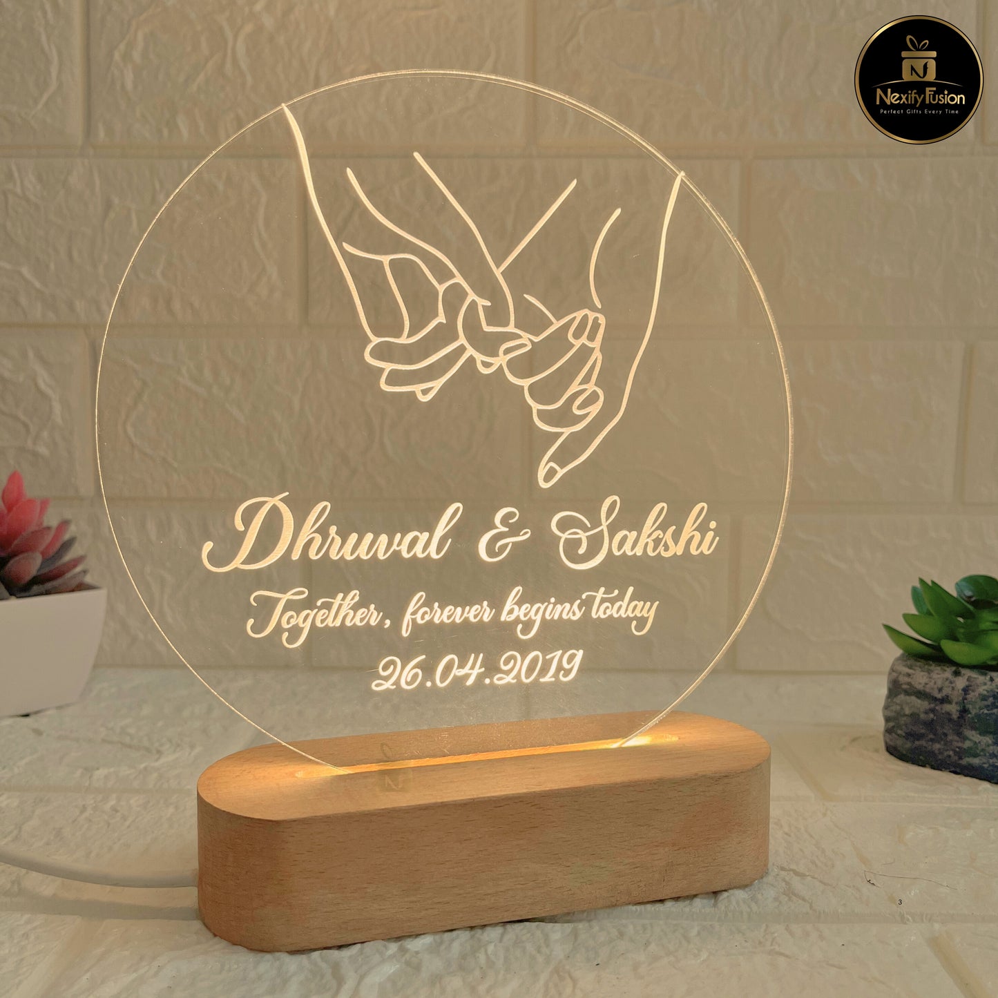 Personalised 3D Illusion Round Hand Design Night Lamp with Couple Names & Date/Text | Best Gift for Couples, Wedding, Anniversary, Birthday, Valentine’s Day & Home Decor (DNFRHA5)