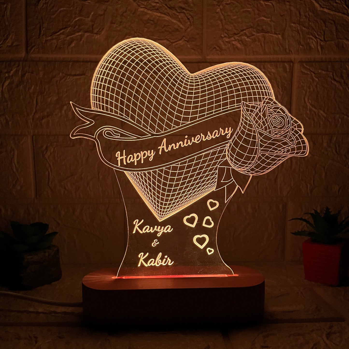 Nexify Fusion Personalised Heart LED Acrylic Lamp with Wooden Base | Custom Couple Names Night Light | Rose Design | Unique Anniversary Gift for Couples | Multicolor (DNFRO10M)