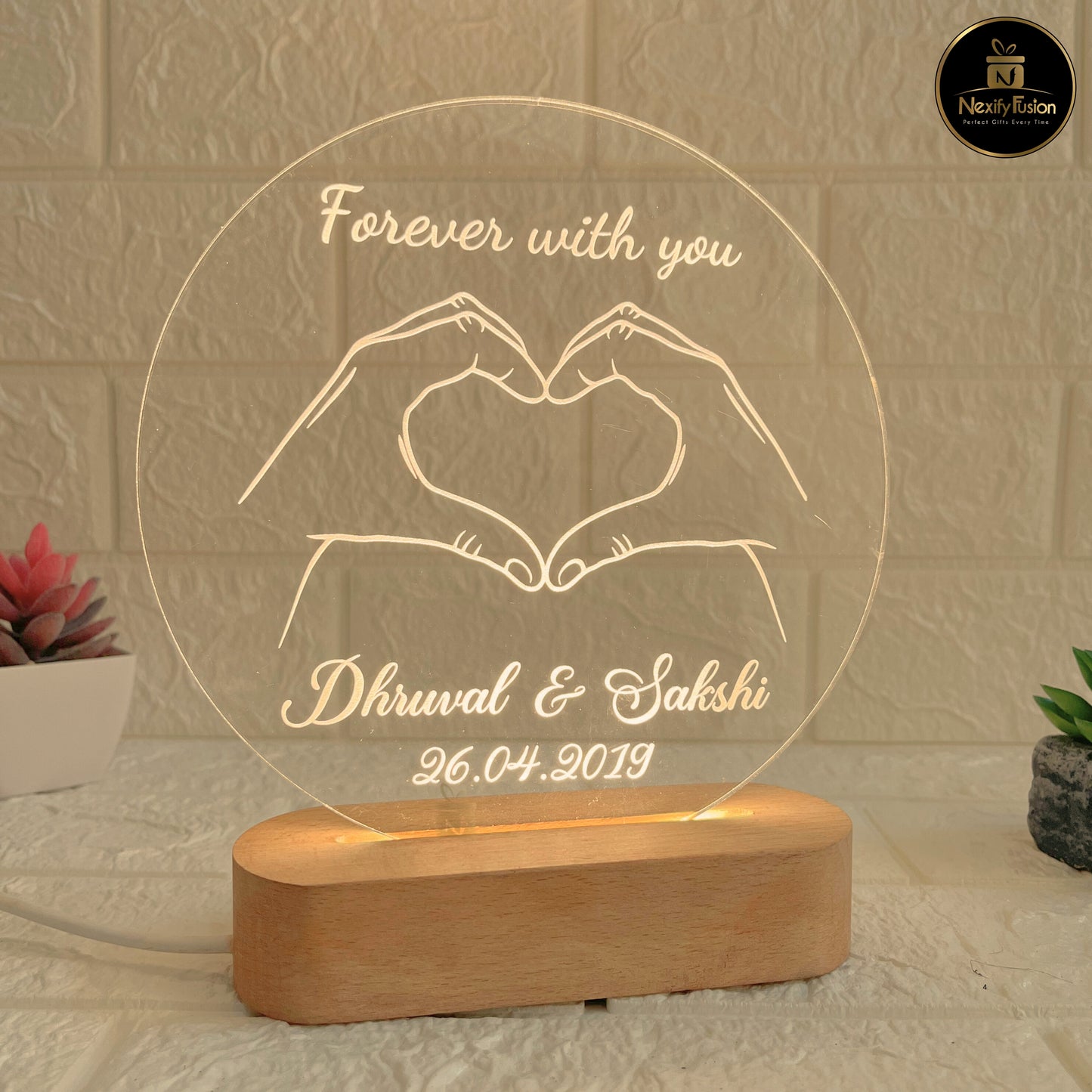 Personalised 3d illusion Round Forever Hand Design Night Lamp with Couple Names & Date/Text | Unique Gift for Couples, Wedding, Anniversary, Birthday, Valentine’s Day & Home Decor (DNFRHA4)