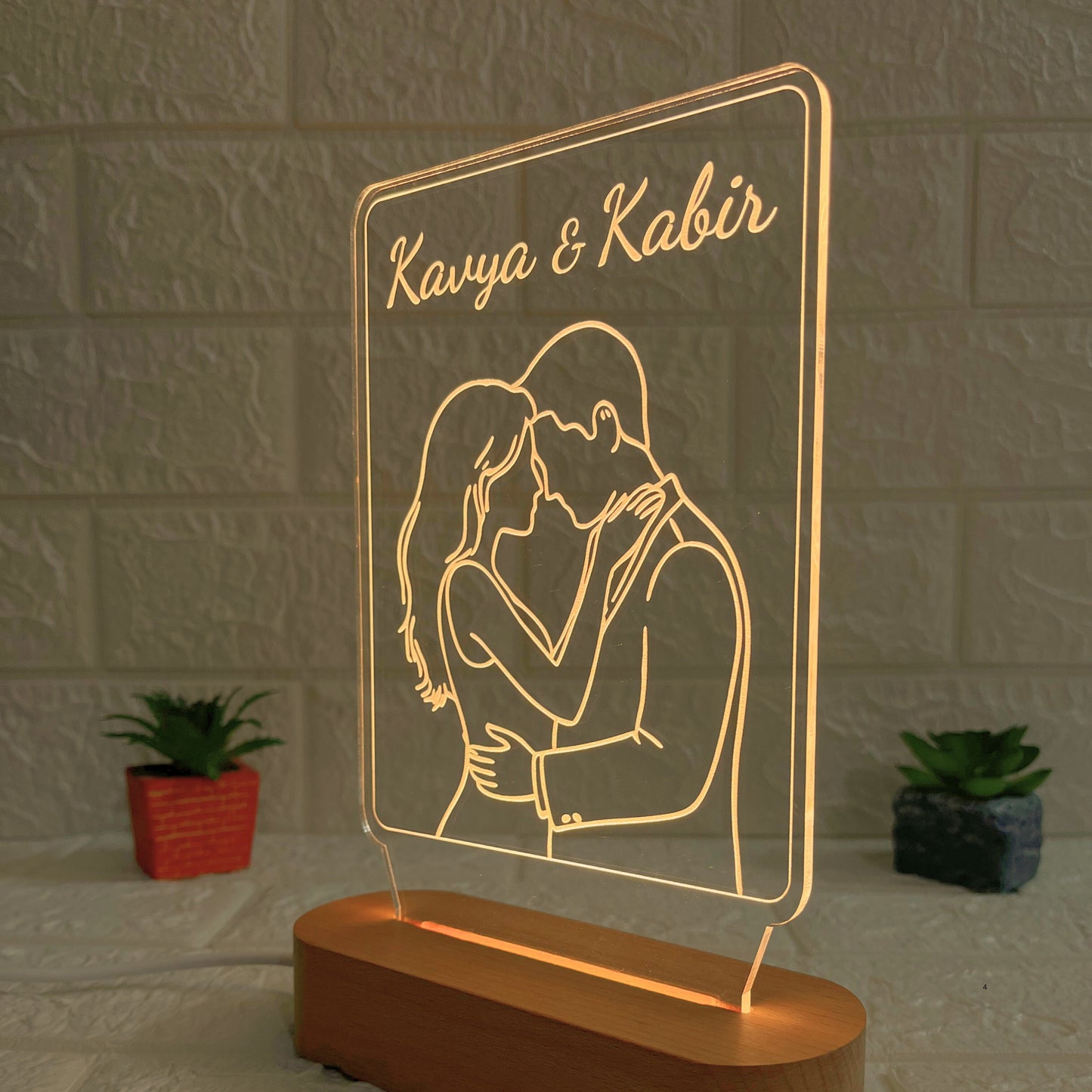Personalised 3D Illusion Couple Name LED Acrylic Lamp with Wooden Base | Romantic Decorative Night Light for Anniversary, Valentine’s Day, or Wedding Gift (DNFICO9)
