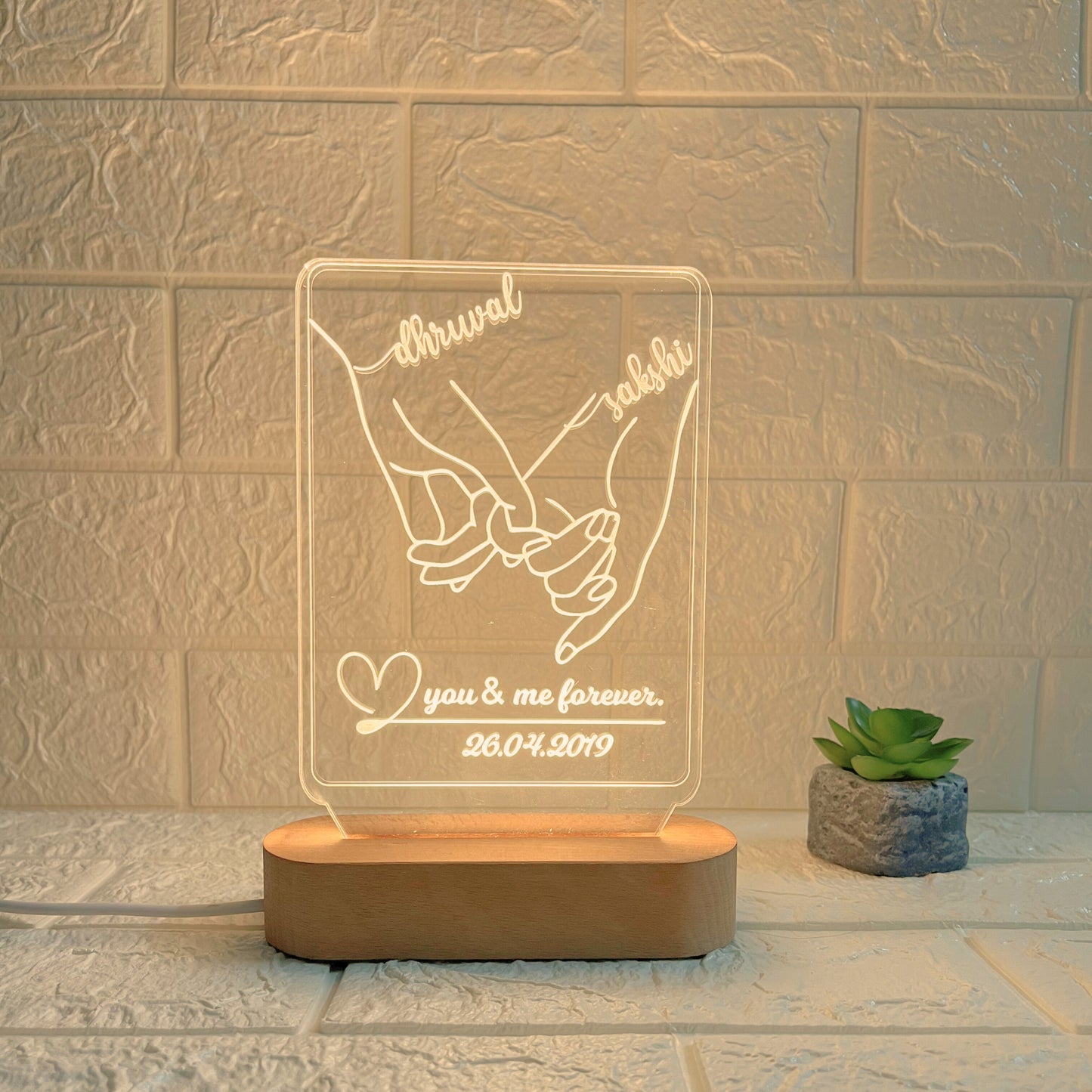 Personalised 3D Illusion Couple Hand LED Acrylic Lamp with Names & Date | Customised “You & Me Forever” Night Light with Wooden Base | Romantic Gift for Couples (DNFIHA7)
