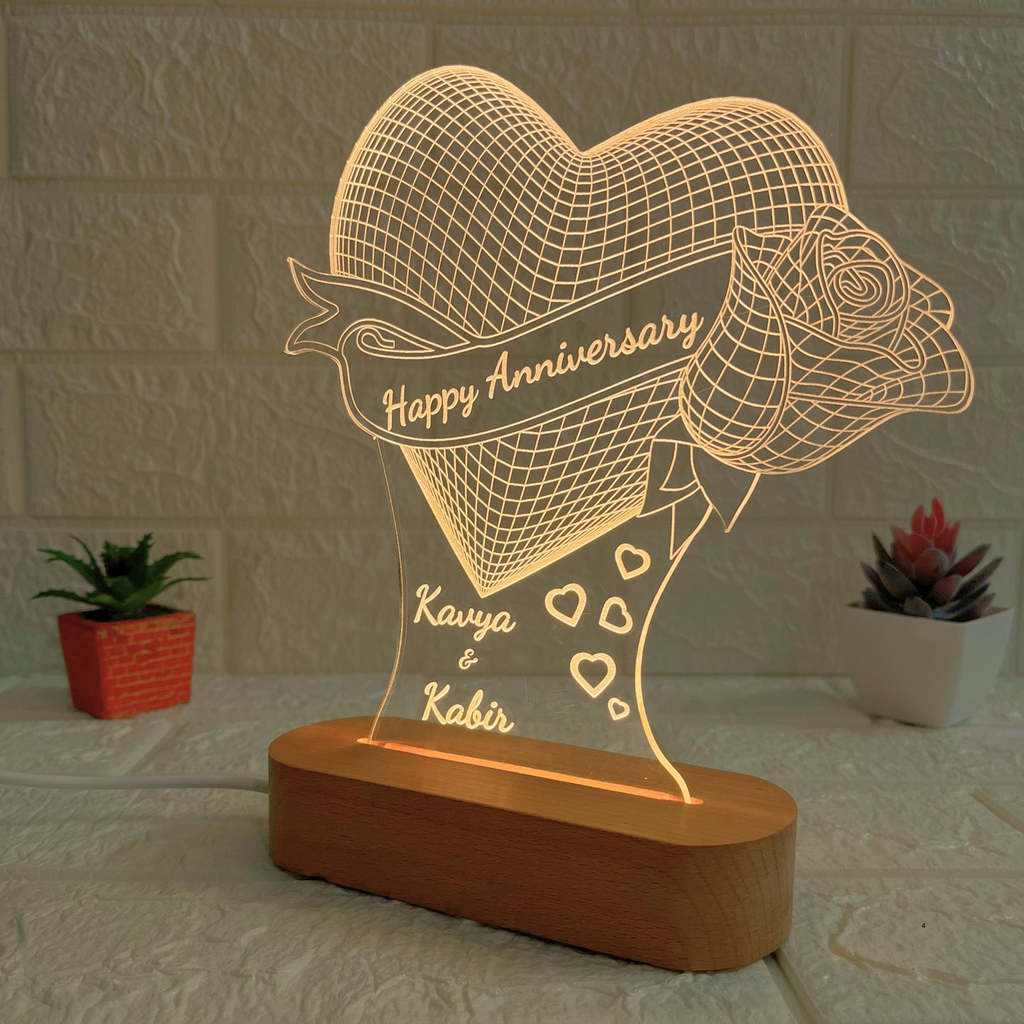 Personalised Heart LED Acrylic Lamp with Wooden Base | Custom Couple Names Night Light | Rose Design | Romantic Anniversary Gift for Couples (DNFRO10)
