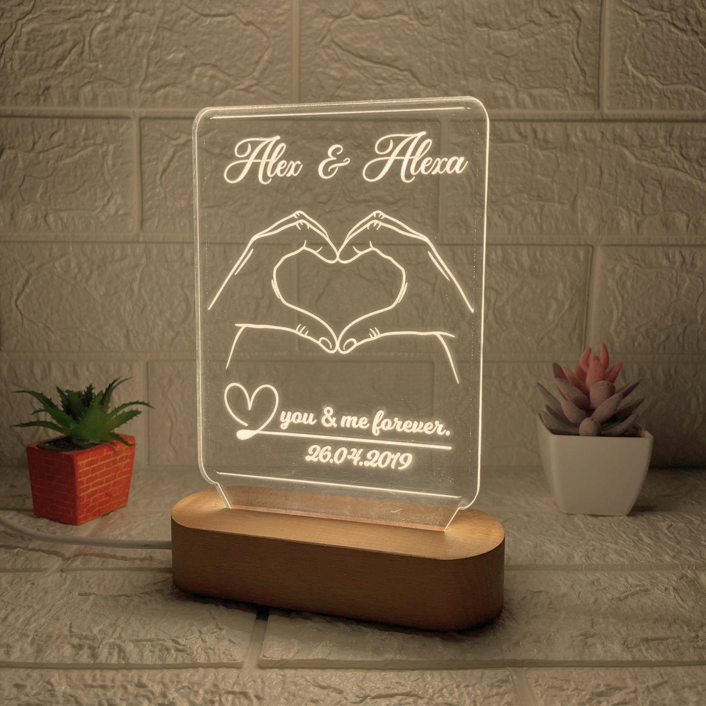 Nexify Fusion Personalised Acrylic Lamp with Wooden Base | Custom Couple Names Night Light | Instagram Design | Anniversary Gift for Couples (DNFIN13)