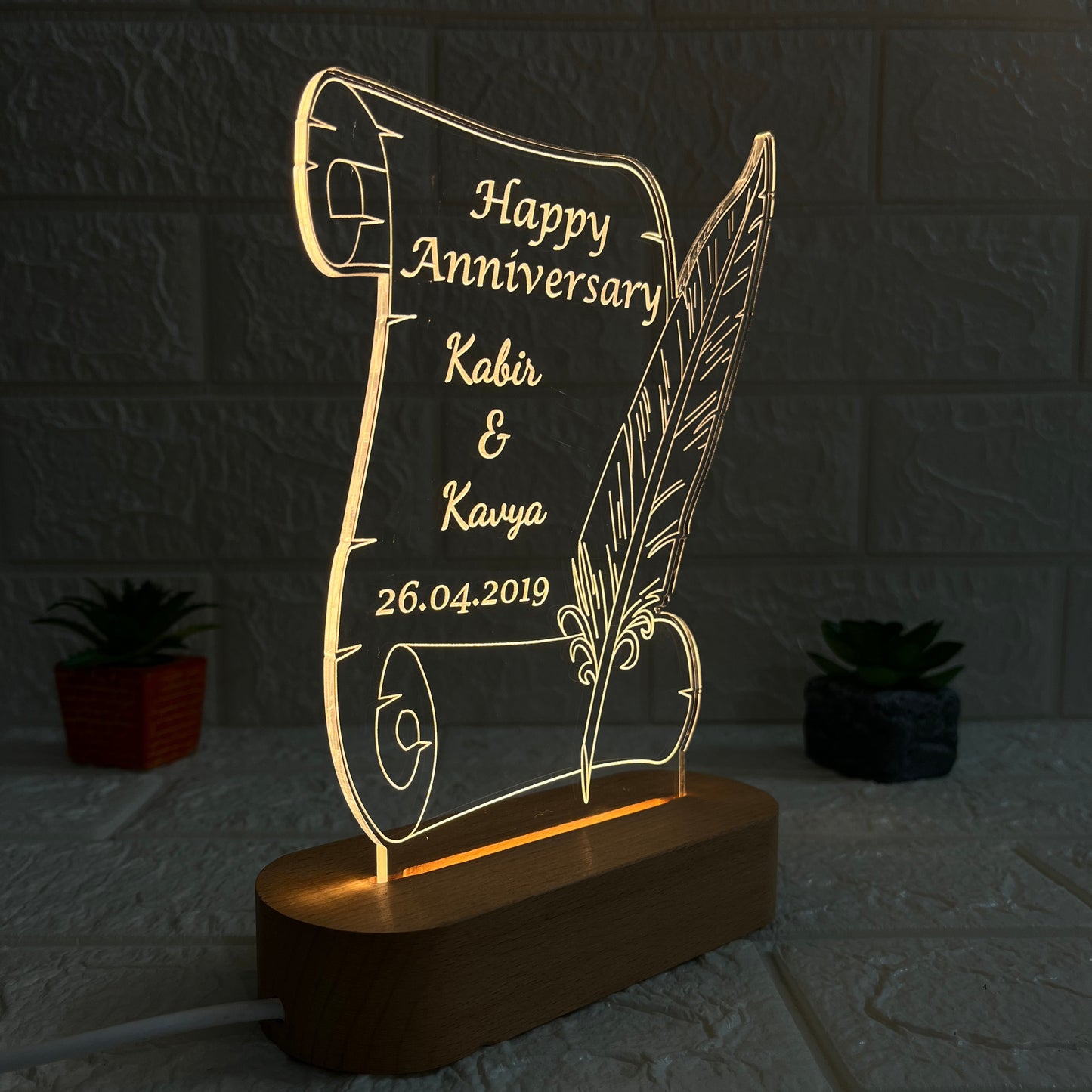 Nexify Fusion Personalised Anniversary Acrylic Lamp with Wooden Base | Custom Couple Names Night Light |Custom Engraved Scroll & Quill Design | Anniversary Gift for Couples (DNFSQ12)