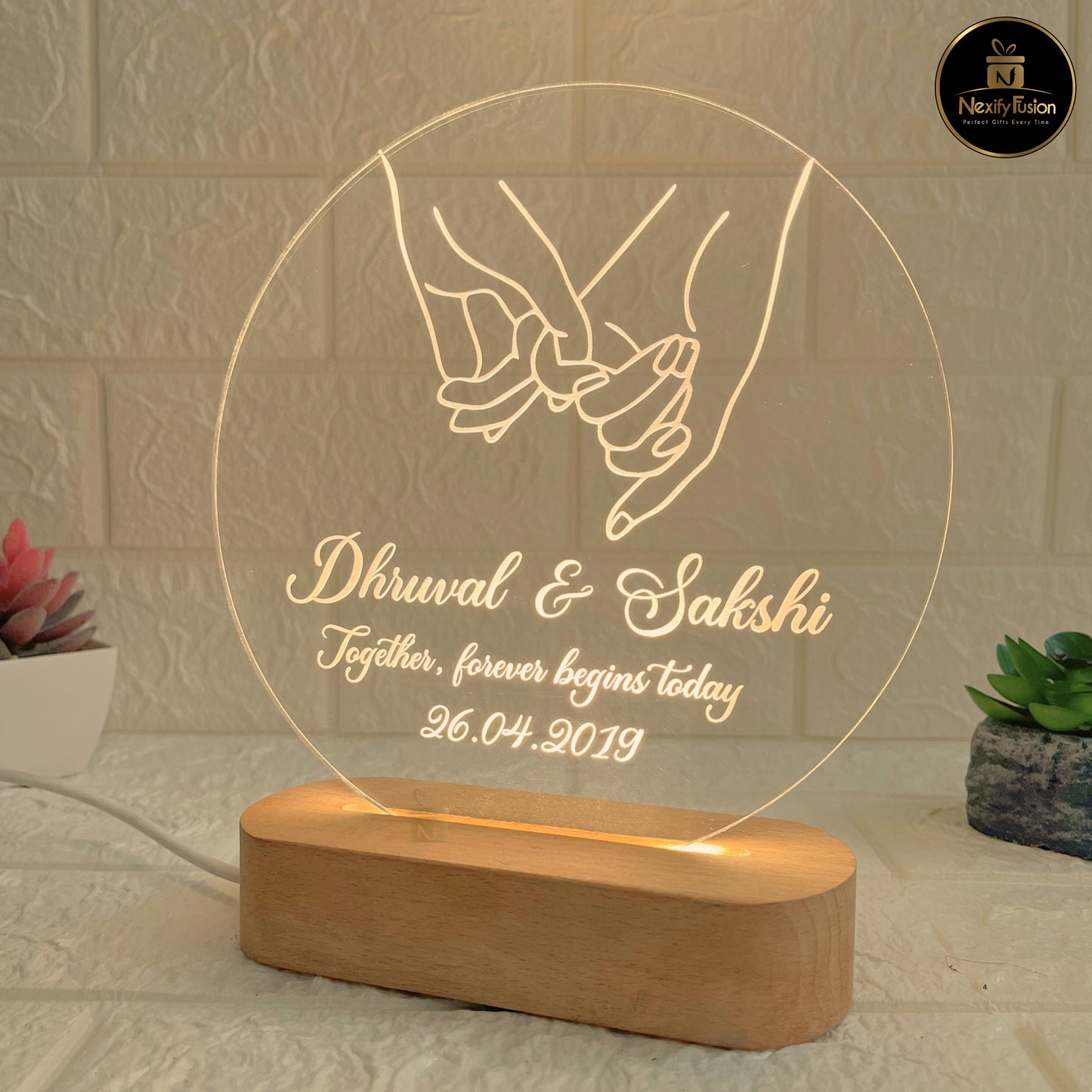 Personalised 3D Illusion Round Hand Design Night Lamp with Couple Names & Date/Text | Best Gift for Couples, Wedding, Anniversary, Birthday, Valentine’s Day & Home Decor (DNFRHA5)