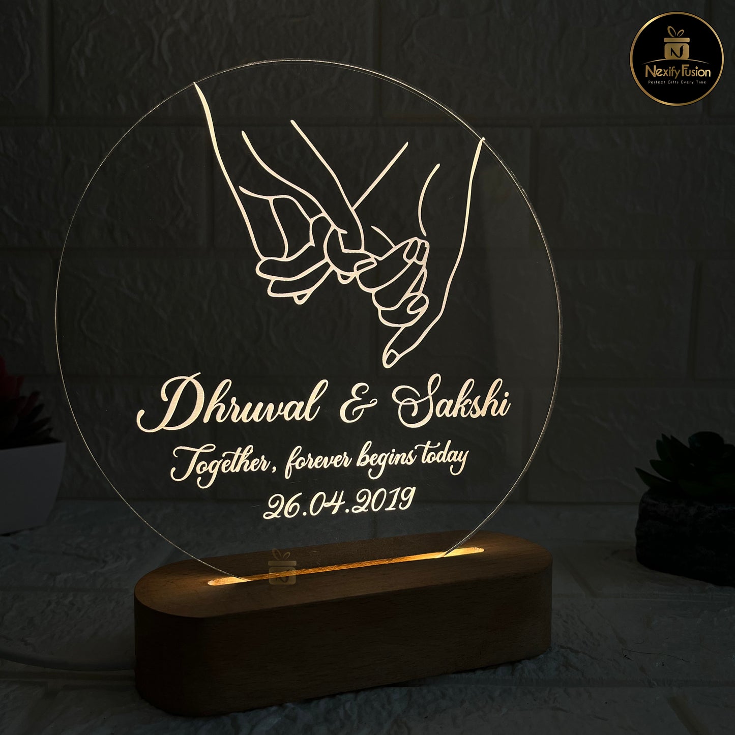 Personalised 3D Illusion Round Hand Design Night Lamp with Couple Names & Date/Text | Best Gift for Couples, Wedding, Anniversary, Birthday, Valentine’s Day & Home Decor (DNFRHA5)