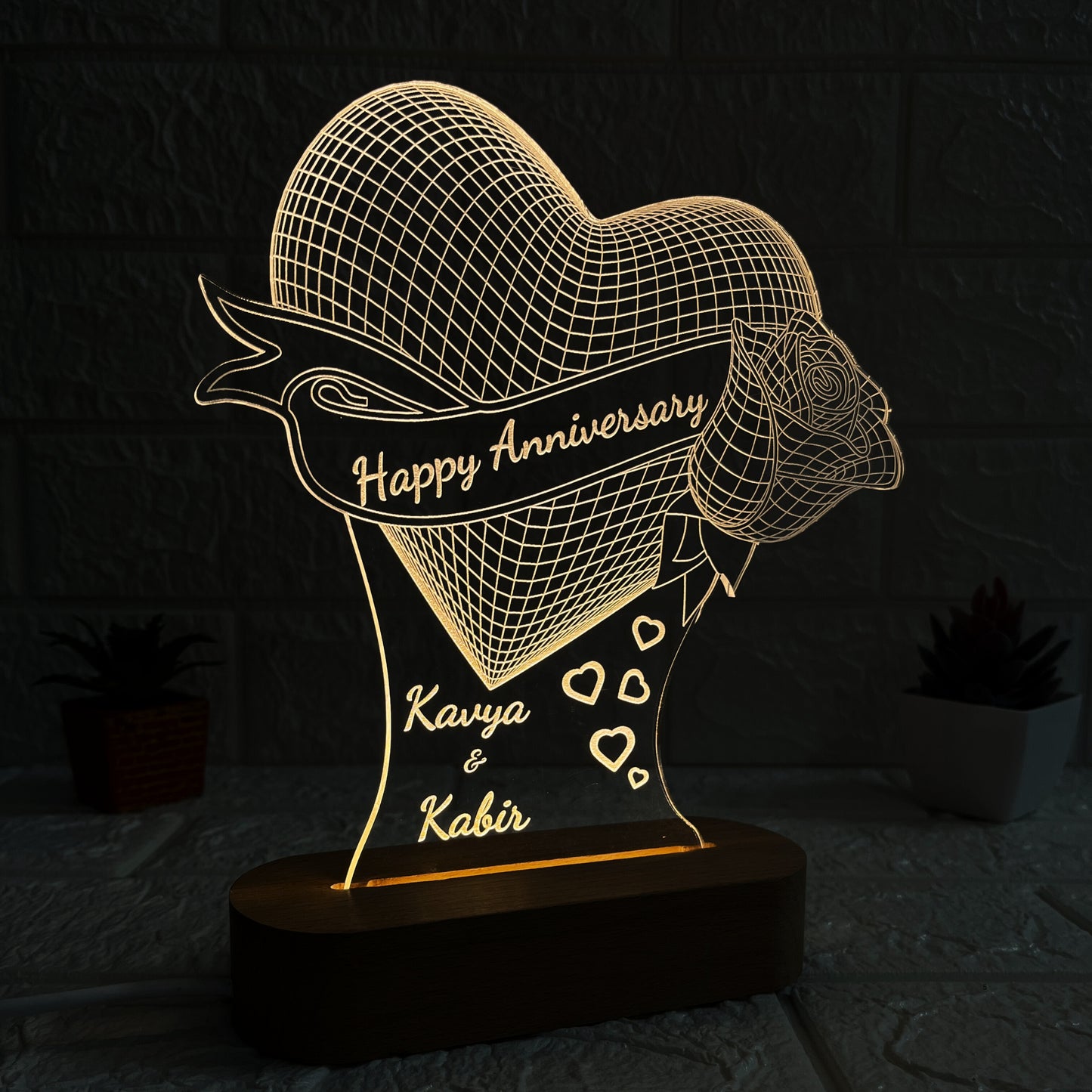 Personalised Heart LED Acrylic Lamp with Wooden Base | Custom Couple Names Night Light | Rose Design | Romantic Anniversary Gift for Couples (DNFRO10)