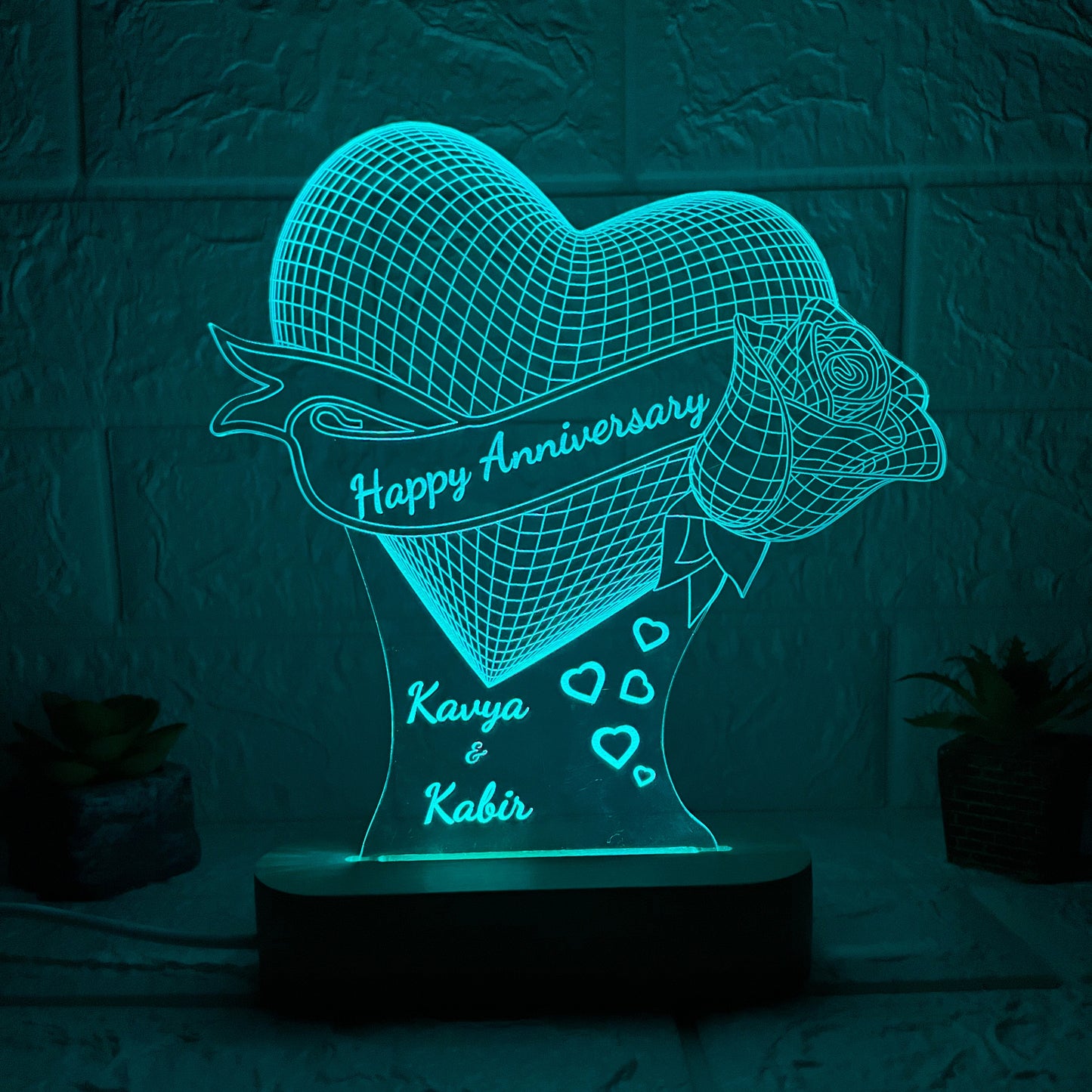 Nexify Fusion Personalised Heart LED Acrylic Lamp with Wooden Base | Custom Couple Names Night Light | Rose Design | Unique Anniversary Gift for Couples | Multicolor (DNFRO10M)