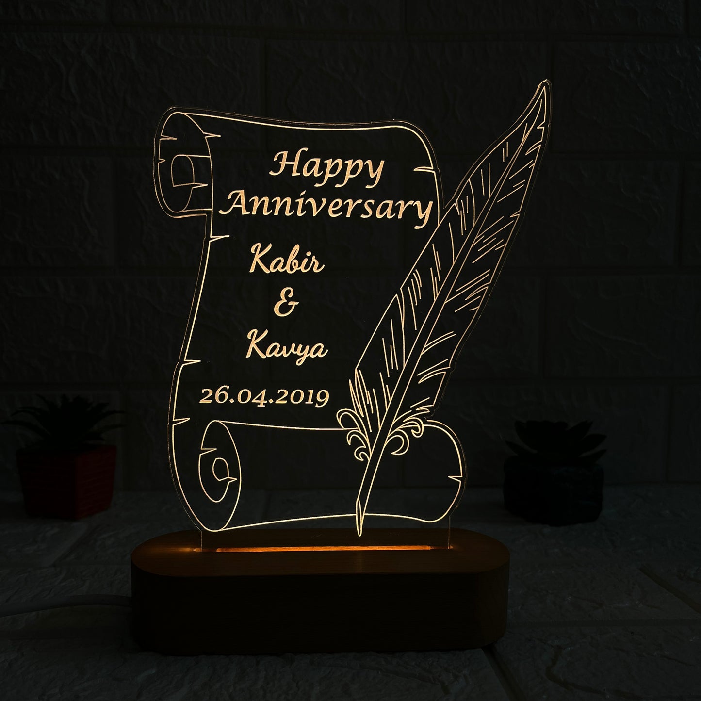Nexify Fusion Personalised Anniversary Acrylic Lamp with Wooden Base | Custom Couple Names Night Light |Custom Engraved Scroll & Quill Design | Anniversary Gift for Couples (DNFSQ12)