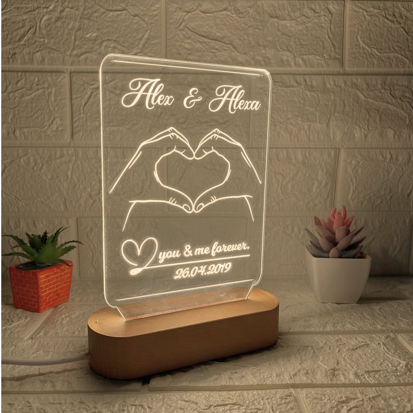 Nexify Fusion Personalised Acrylic Lamp with Wooden Base | Custom Couple Names Night Light | Instagram Design | Anniversary Gift for Couples (DNFIN13)
